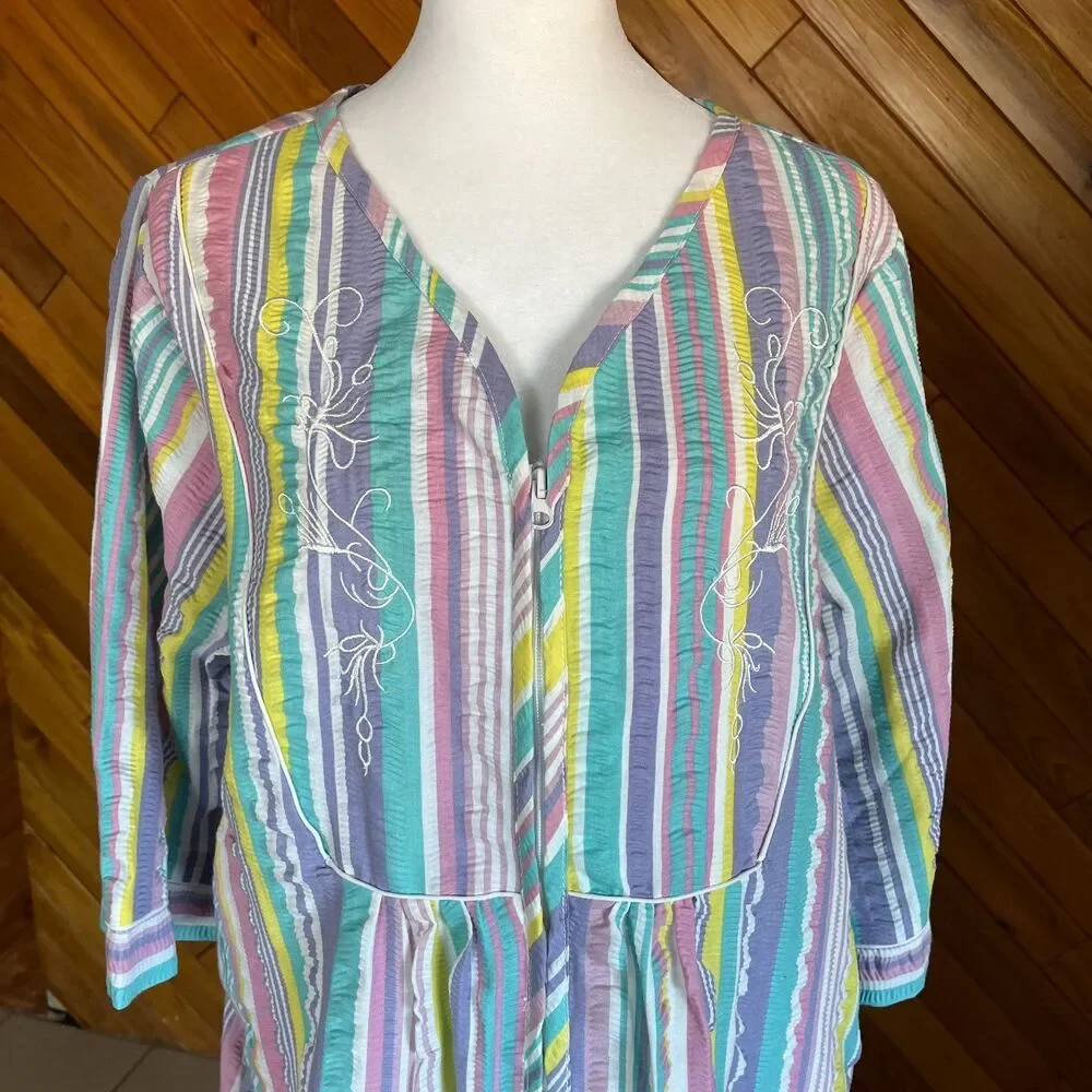 Vintage Cotton Seersucker Striped Pastel Nightgown